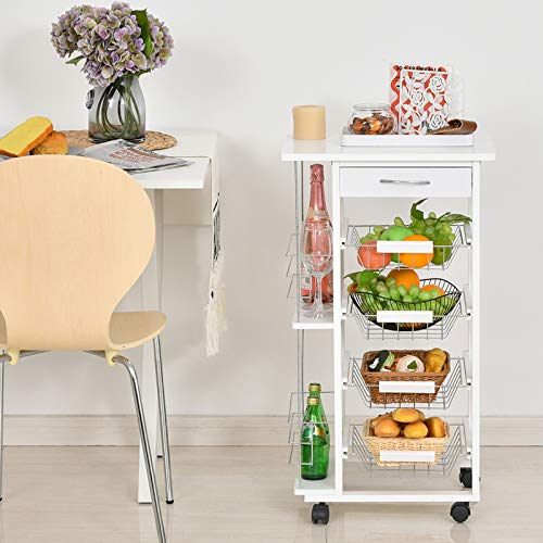 HOMCOM Carrito de Cocina Carro Multiusos de 5 Niveles con Cajón Bastidores Laterales Cestas Extraíbles de Metal 4 Ruedas 47x37x83 cm Blanco