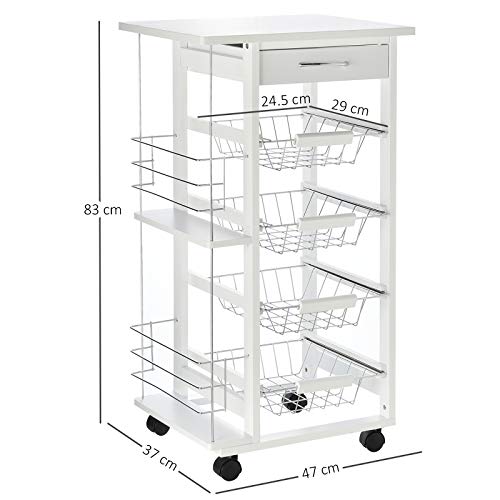 HOMCOM Carrito de Cocina Carro Multiusos de 5 Niveles con Cajón Bastidores Laterales Cestas Extraíbles de Metal 4 Ruedas 47x37x83 cm Blanco