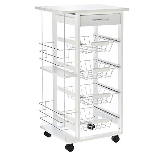 HOMCOM Carrito de Cocina Carro Multiusos de 5 Niveles con Cajón Bastidores Laterales Cestas Extraíbles de Metal 4 Ruedas 47x37x83 cm Blanco