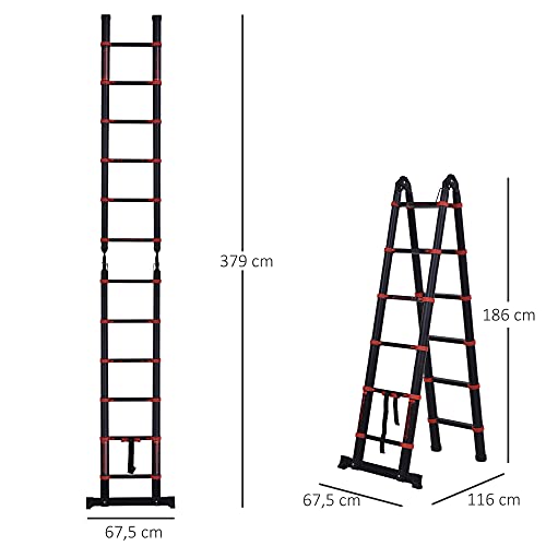 HOMCOM Escalera de Aluminio Plegable 2 Formas de Uso Retráctil Portátil Escalera Telescópica 12 Escalones Antideslizantes Carga 150 kg 379x67,5x11 cm Negro