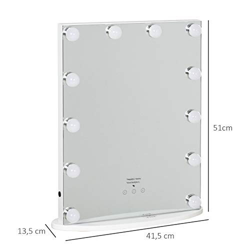 HOMCOM Espejo de Maquillaje Estilo Hollywood Espejo de Tocador con 12 Luces LED Ajustables en Brillo y Temperaturas de Color Interruptor Táctil 41,5x13,5x51 cm Blanco