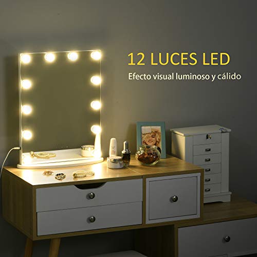 HOMCOM Espejo de Maquillaje Estilo Hollywood Espejo de Tocador con 12 Luces LED Ajustables en Brillo y Temperaturas de Color Interruptor Táctil 41,5x13,5x51 cm Blanco