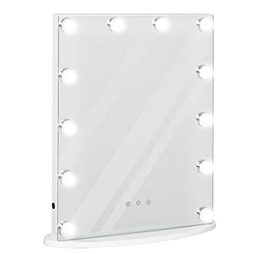 HOMCOM Espejo de Maquillaje Estilo Hollywood Espejo de Tocador con 12 Luces LED Ajustables en Brillo y Temperaturas de Color Interruptor Táctil 41,5x13,5x51 cm Blanco