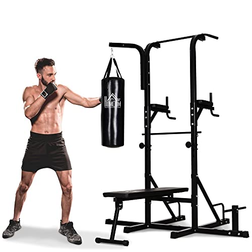 HOMCOM Estación de Musculación Dip con Banco de Pesas Reclinable Saco de Boxeo y Barra de Dominadas Torre de Entrenamiento Fitness 180x183x219 cm Negro