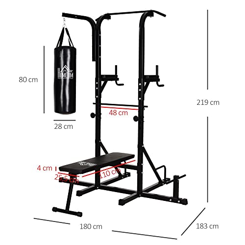 HOMCOM Estación de Musculación Dip con Banco de Pesas Reclinable Saco de Boxeo y Barra de Dominadas Torre de Entrenamiento Fitness 180x183x219 cm Negro