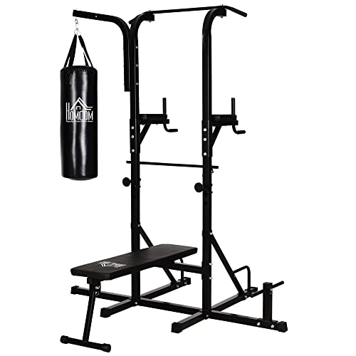 HOMCOM Estación de Musculación Dip con Banco de Pesas Reclinable Saco de Boxeo y Barra de Dominadas Torre de Entrenamiento Fitness 180x183x219 cm Negro