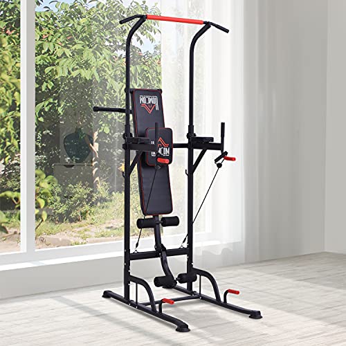 HOMCOM Estación de Musculación Multifuncional Torre de Entrenamiento Ajustable en Altura con Banco Plegable Barra de Dominadas para Fitness 220x98x181-229 cm Negro