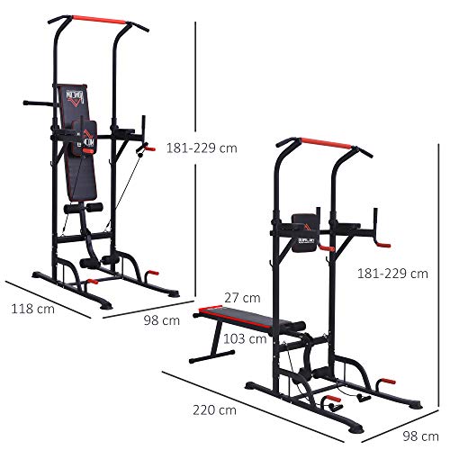 HOMCOM Estación de Musculación Multifuncional Torre de Entrenamiento Ajustable en Altura con Banco Plegable Barra de Dominadas para Fitness 220x98x181-229 cm Negro