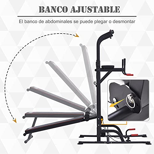 HOMCOM Estación de Musculación Multifuncional Torre de Entrenamiento Ajustable en Altura con Banco Plegable Barra de Dominadas para Fitness 220x98x181-229 cm Negro