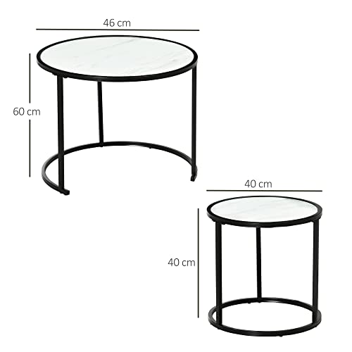 HOMCOM Juego de 2 Mesas Auxiliares Redondas Apilables Mesas de Café Modernas con Encimera en Efecto de Mármol y Marco de Acero Ø60x46 cm y Ø40x40 cm Blanco