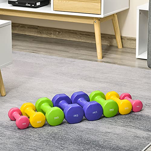 HOMCOM Juego de 8 Mancuernas Hexagonales 4 Pares 4 kg 3 kg 2 kg 1 kg con Revestimiento Pesas para Gimnasio en Casa Ejercicio Entrenamiento Acero Multicolor