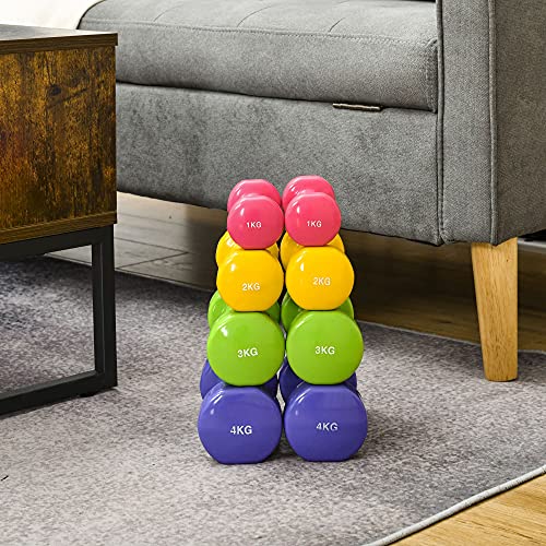 HOMCOM Juego de 8 Mancuernas Hexagonales 4 Pares 4 kg 3 kg 2 kg 1 kg con Revestimiento Pesas para Gimnasio en Casa Ejercicio Entrenamiento Acero Multicolor