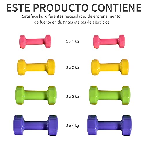 HOMCOM Juego de 8 Mancuernas Hexagonales 4 Pares 4 kg 3 kg 2 kg 1 kg con Revestimiento Pesas para Gimnasio en Casa Ejercicio Entrenamiento Acero Multicolor