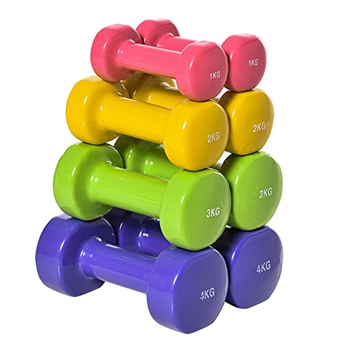 HOMCOM Juego de 8 Mancuernas Hexagonales 4 Pares 4 kg 3 kg 2 kg 1 kg con Revestimiento Pesas para Gimnasio en Casa Ejercicio Entrenamiento Acero Multicolor