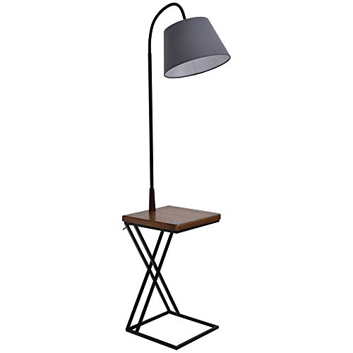 HOMCOM Lámpara de Pie con Mesita Iluminación Interior Moderno Foco de Luces con Cabeza Flexible Patas de Acero Marco Metálico Estable 36x36x165 cm Negro Marrón Gris