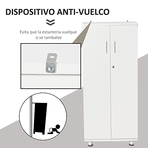 HOMCOM Librería Estantería Armario de 2 Puertas para Libros CDs DVDs con 3 Estantes Interiores y Cerradura Multiuso para Hogar Oficina Dormitorio 55x36,5x125,5 cm Blanco