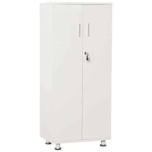 HOMCOM Librería Estantería Armario de 2 Puertas para Libros CDs DVDs con 3 Estantes Interiores y Cerradura Multiuso para Hogar Oficina Dormitorio 55x36,5x125,5 cm Blanco