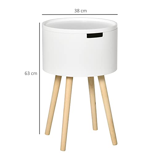 HOMCOM Mesa Auxiliar de Salón Moderna Mesita de Noche con Tapa Extraíble Espacio de Almacenamiento y Patas de Madera para Dormitorio Sofá Esquina Ø38x63 cm Blanco