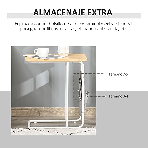 HOMCOM Mesa Auxiliar de Sofá en Forma de C con Bolsa de Almacenaje Extraíble Mesa Lateral para Salón Dormitorio Oficina 37x48x55,8 cm Roble y Blanco