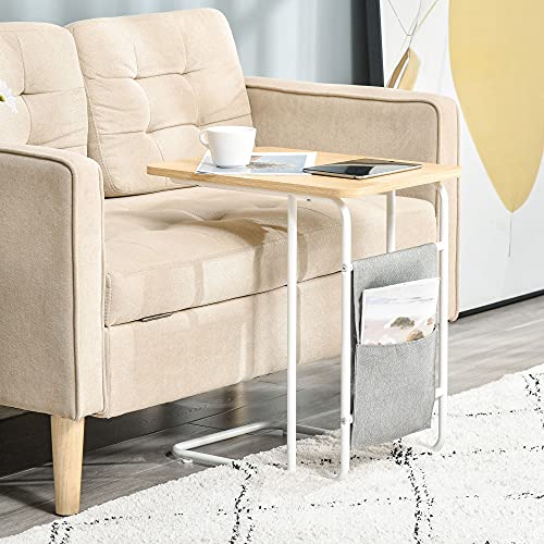 HOMCOM Mesa Auxiliar de Sofá en Forma de C con Bolsa de Almacenaje Extraíble Mesa Lateral para Salón Dormitorio Oficina 37x48x55,8 cm Roble y Blanco