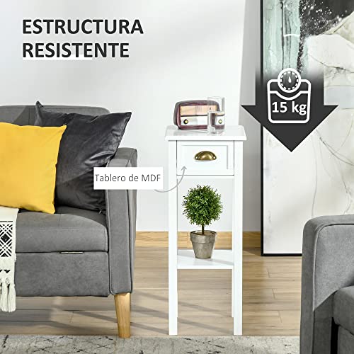 HOMCOM Mesa Auxiliar Mesita de Noche con Cajón y Estante de Almacenamiento Estilo Moderno para Sala de Estar Domitorio 30x30x75 cm Blanco