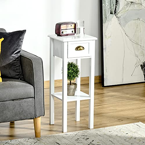 HOMCOM Mesa Auxiliar Mesita de Noche con Cajón y Estante de Almacenamiento Estilo Moderno para Sala de Estar Domitorio 30x30x75 cm Blanco