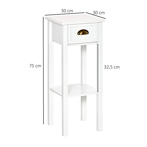 HOMCOM Mesa Auxiliar Mesita de Noche con Cajón y Estante de Almacenamiento Estilo Moderno para Sala de Estar Domitorio 30x30x75 cm Blanco