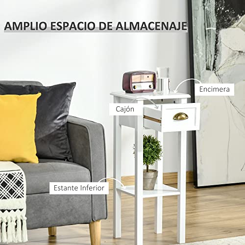 HOMCOM Mesa Auxiliar Mesita de Noche con Cajón y Estante de Almacenamiento Estilo Moderno para Sala de Estar Domitorio 30x30x75 cm Blanco