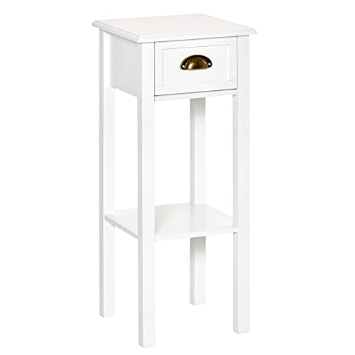 HOMCOM Mesa Auxiliar Mesita de Noche con Cajón y Estante de Almacenamiento Estilo Moderno para Sala de Estar Domitorio 30x30x75 cm Blanco