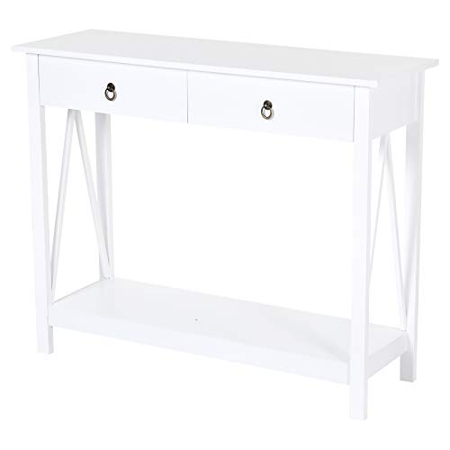 HOMCOM Mesa Auxiliar para la Entrada con 2 Cajones y 1 Estante Inferior para Gran Espacio de Almacenaje para Muebles de Recibidor Tipo Consola Clásica Vintage 106x36x85cm Blanco