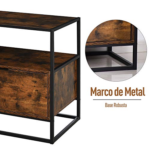 HOMCOM Mesa Consola Auxiliar de Estilo Industrial con Gran Cajón y Estante Abierto con Superficie Espaciosa Mesa Multifuncional Retro con Marco de Metal 73x45,5x76 cm Marrón Rústico