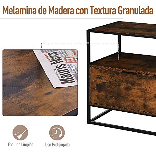 HOMCOM Mesa Consola Auxiliar de Estilo Industrial con Gran Cajón y Estante Abierto con Superficie Espaciosa Mesa Multifuncional Retro con Marco de Metal 73x45,5x76 cm Marrón Rústico