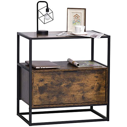 HOMCOM Mesa Consola Auxiliar de Estilo Industrial con Gran Cajón y Estante Abierto con Superficie Espaciosa Mesa Multifuncional Retro con Marco de Metal 73x45,5x76 cm Marrón Rústico