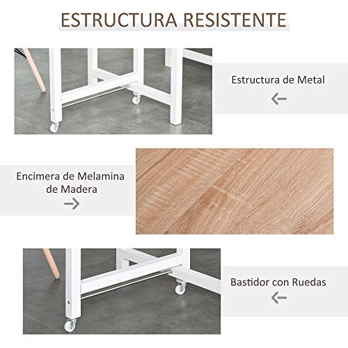 HOMCOM Mesa de Comedor Plegable con Tabla Abatible y 2 Ruedas Mesa Auxiliar Multifuncional para Estudio Cocina 118x70x76,5 cm Roble