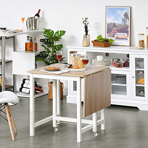 HOMCOM Mesa de Comedor Plegable con Tabla Abatible y 2 Ruedas Mesa Auxiliar Multifuncional para Estudio Cocina 118x70x76,5 cm Roble