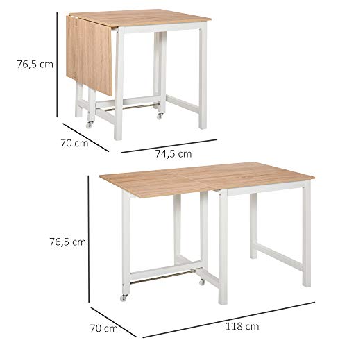 HOMCOM Mesa de Comedor Plegable con Tabla Abatible y 2 Ruedas Mesa Auxiliar Multifuncional para Estudio Cocina 118x70x76,5 cm Roble