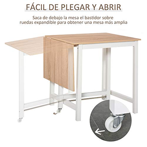 HOMCOM Mesa de Comedor Plegable con Tabla Abatible y 2 Ruedas Mesa Auxiliar Multifuncional para Estudio Cocina 118x70x76,5 cm Roble