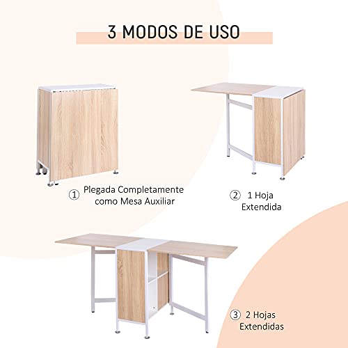 HOMCOM Mesa de Comedor Plegable de Almacenaje con 4 Estantes para Comedor Salón Mesa Auxiliar Escritorio Madera Ahorra Espacio 3 Formas