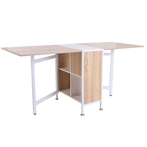 HOMCOM Mesa de Comedor Plegable de Almacenaje con 4 Estantes para Comedor Salón Mesa Auxiliar Escritorio Madera Ahorra Espacio 3 Formas