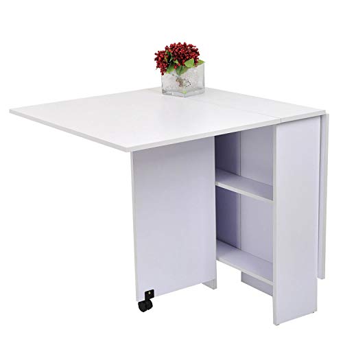 HOMCOM Mesa de Comedor Plegable Mesa de Madera con 2 Solapas 2 Estantes de Almacenaje y Ruedas para Cocina 80x140x74 cm Blanco