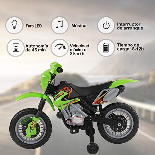 HOMCOM Moto Electrica Infantil Bateria 6V Recargable Niños 3 Años Cargador y Ruedas Apoyo Color Verde