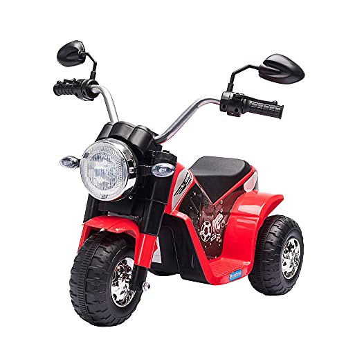 HOMCOM Moto Eléctrica Infantil con 3 Ruedas Triciclo a Batería 6V para Niños de 18-36 Meses con Faro Bocina Velocidad 2 km/h 72x57x56 cm Rojo