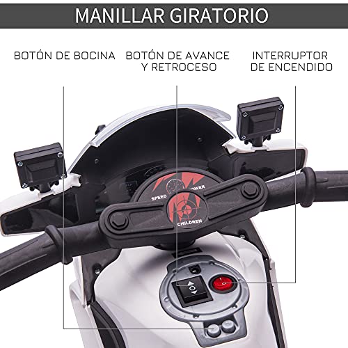 HOMCOM Moto Eléctrica Infantil de Policía Batería 6V Recargable para Niños de 18-36 Meses con Faros Bocina y Ruedas de Equilibrio Velocidad Máx. de 3 km/h 69x39x43 cm Multicolor