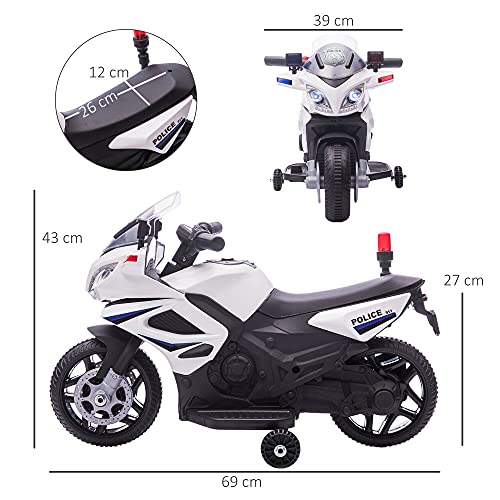 HOMCOM Moto Eléctrica Infantil de Policía Batería 6V Recargable para Niños de 18-36 Meses con Faros Bocina y Ruedas de Equilibrio Velocidad Máx. de 3 km/h 69x39x43 cm Multicolor