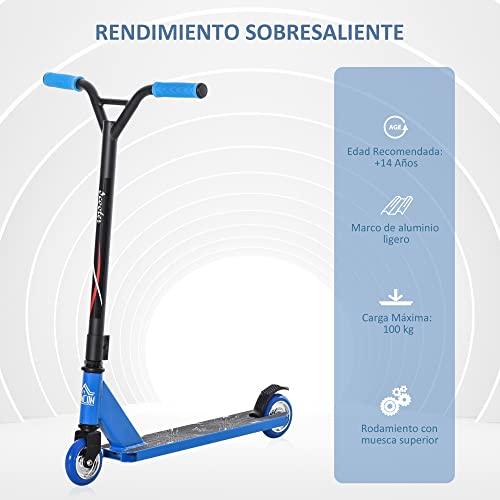 HOMCOM Patinete de Acrobacia Trucos y Saltos Patinete Freestyle de Aluminio para Adolescentes +14 Años y Adultos Carga 100 kg con Manillares de Caucho 68x46x84 cm Azul