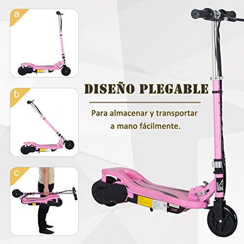 HOMCOM Patinete Scooter Eléctrico Plegable para Niños y Adolescentes Máx. 50 kg con Altura Ajustable Interruptor de Arranque y Frenos 75x36x82-93 cm Rosa