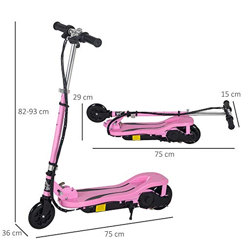 HOMCOM Patinete Scooter Eléctrico Plegable para Niños y Adolescentes Máx. 50 kg con Altura Ajustable Interruptor de Arranque y Frenos 75x36x82-93 cm Rosa