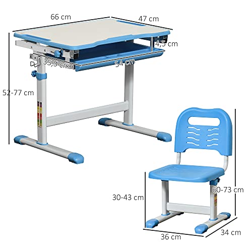 HOMCOM Pupitre Infantil 2 en 1 Juego de Escritorio y Silla para Niños de +6 Años con Altura Ajustable Mesa Regulable en Ángulo y Bandeja Deslizante 66x47x77 cm Azul