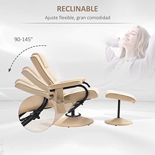 HOMCOM Sillón de Masaje Eléctrico con Taburete Reposapiés Sillón Relax Giratorio Reclinable hasta 145° con Control Remoto y 10 Zonas de Masaje Tapizado en PU 77x84x95 cm Beige