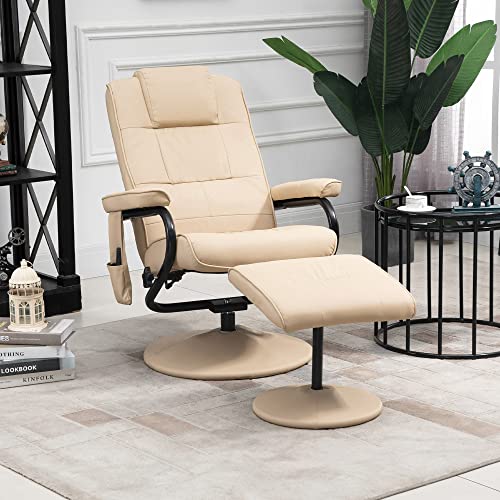 HOMCOM Sillón de Masaje Eléctrico con Taburete Reposapiés Sillón Relax Giratorio Reclinable hasta 145° con Control Remoto y 10 Zonas de Masaje Tapizado en PU 77x84x95 cm Beige